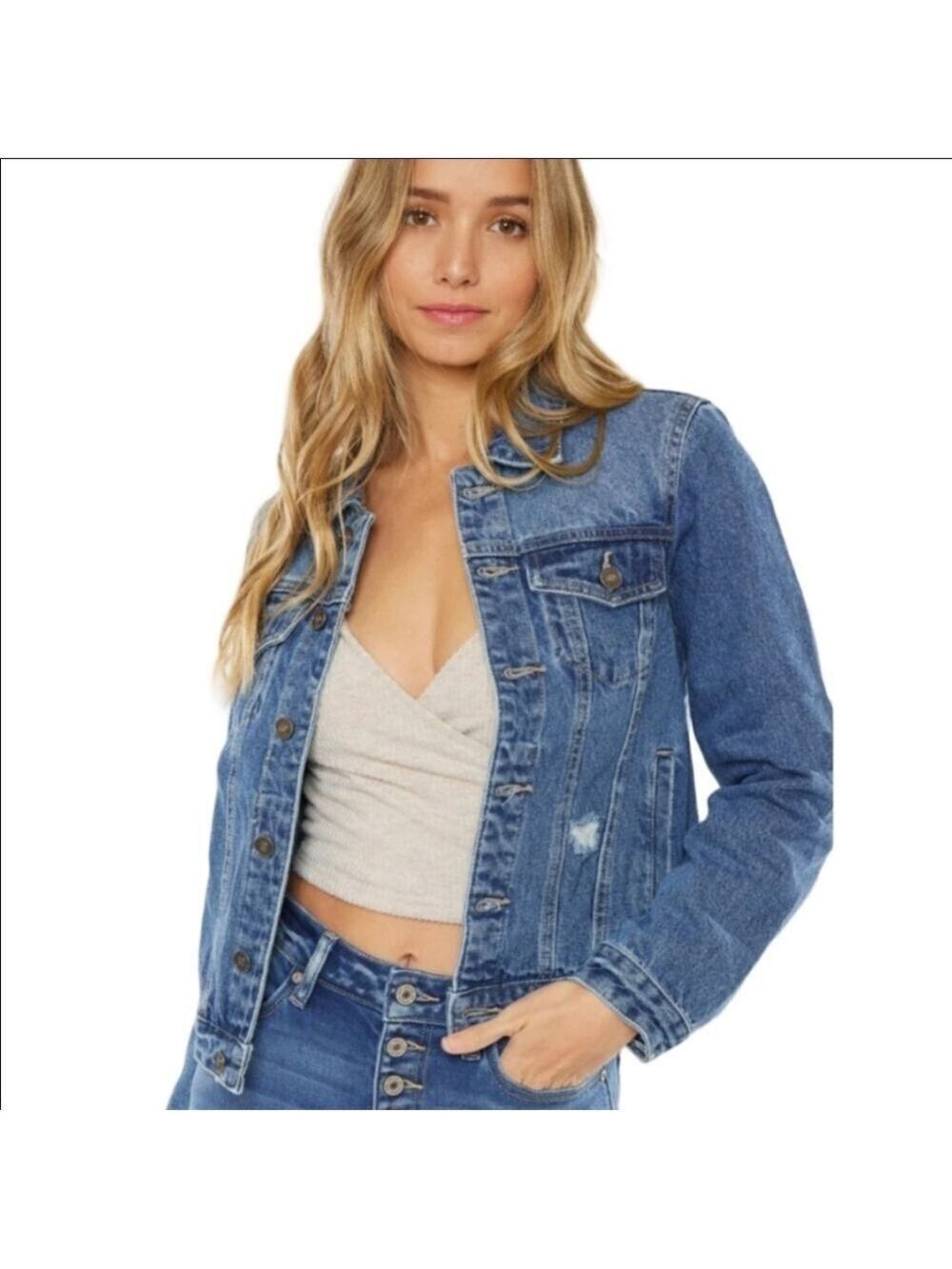 KANCAN DISTRESSED STRUCTURED DENIM JEAN JACKET NWOT SIZE MEDIUM / LARGE